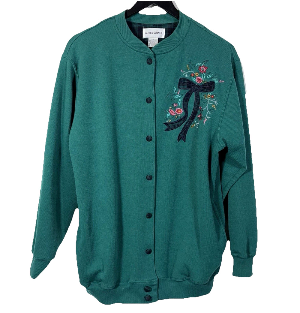 Green Cardigan Sweater Embroidered Plaid Floral Bow S Preppy Holiday Vintage 90s